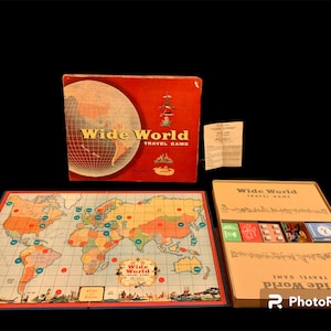 Vintage Parker Brothers "Wide World Travel Game" board game, complete, 1957