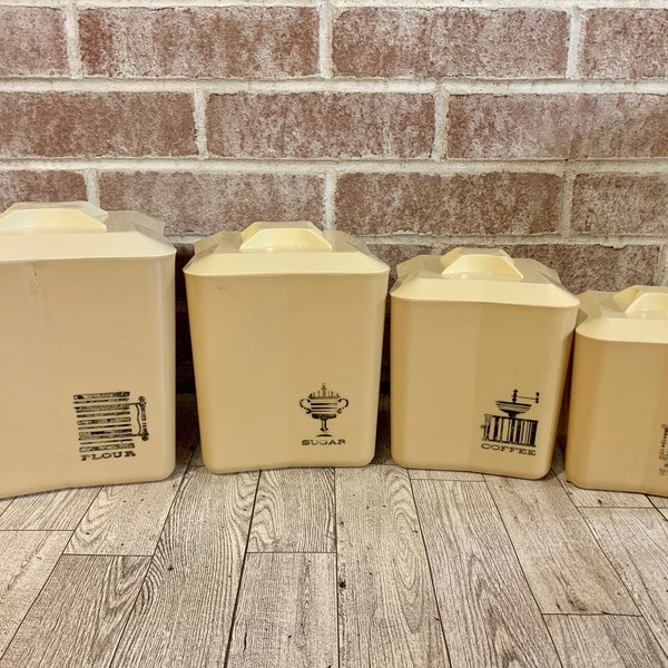 Vintage MCM Tan Beige Taupe Kitchen Storage Canisters Containers | Flour Sugar Coffee Tea | 1950’s