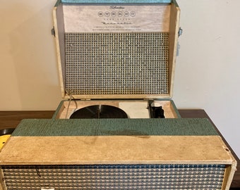 Mid-Century Silvertone “Manumatic” 4-Speed Stereo Portable Suitcase Record Player Phonograph | Model 51 | Turquoise | Parts/Repair | 1950’s