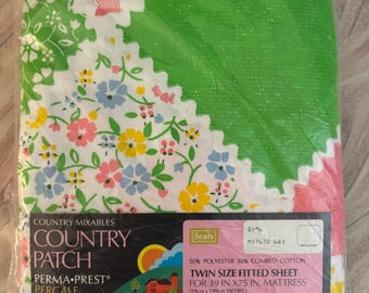 Sears Country Mixables COUNTRY PATCH Fitted Sheet | Perma-Prest Percale Twin Sheet | 39x75 Mattress | NOS | New