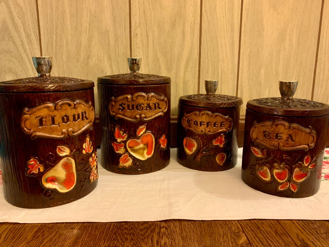 Treasure Craft Ceramic Canister Set | Wood Grain | Fruit | Set of