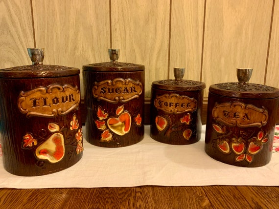アンティーク雑貨 Ceramic handmade Canister Treasure Craft Ceramic Canister Set | Wood Grain | Fruit