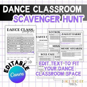 Può includere: Una raccolta di fogli di lavoro stampabili per la caccia al tesoro in classe di danza. I fogli di lavoro sono bianchi con testo nero e includono sezioni da completare e suggerimenti per la scrittura.