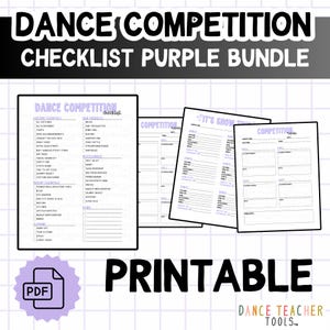 Puede incluir: Un paquete de listas de verificación imprimibles para competiciones de baile en morado y blanco. Las listas de verificación incluyen secciones para elementos esenciales de vestuario, productos para el cabello y elementos esenciales de maquillaje. La imagen también incluye el texto "DANCE COMPETITION CHECKLIST PURPLE BUNDLE" y "PRINTABLE".