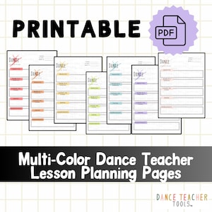 Plantilla de plan de clase de baile: paquete de páginas imprimibles para la planificación del profesorado / PDF de 7 colores para la organización de clases