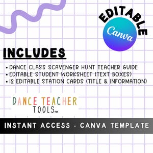 May include: A digital product for dance teachers, featuring a Canva template. The image includes the text "Includes" followed by a list of items, the words "Dance Teacher Tools", and "Instant Access - Canva Template". The design has a grid background with purple accents.