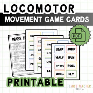 Pode incluir: Cart&otilde;es de jogo de movimento locomotor imprim&iacute;veis com palavras de movimento como "saltar", "correr", "caminhar" e "voar". Os cart&otilde;es s&atilde;o projetados para professores de dan&ccedil;a e apresentam um &iacute;cone PDF.