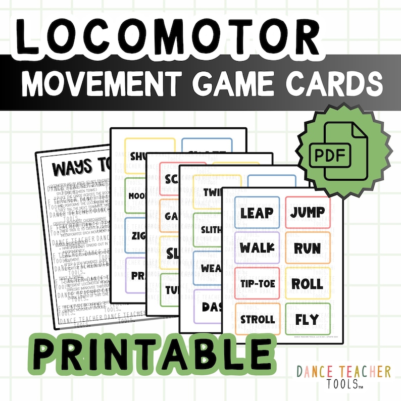 Pode incluir: Cart&otilde;es de jogo de movimento locomotor imprim&iacute;veis com palavras de movimento como "saltar", "correr", "caminhar" e "voar". Os cart&otilde;es s&atilde;o projetados para professores de dan&ccedil;a e apresentam um &iacute;cone PDF.
