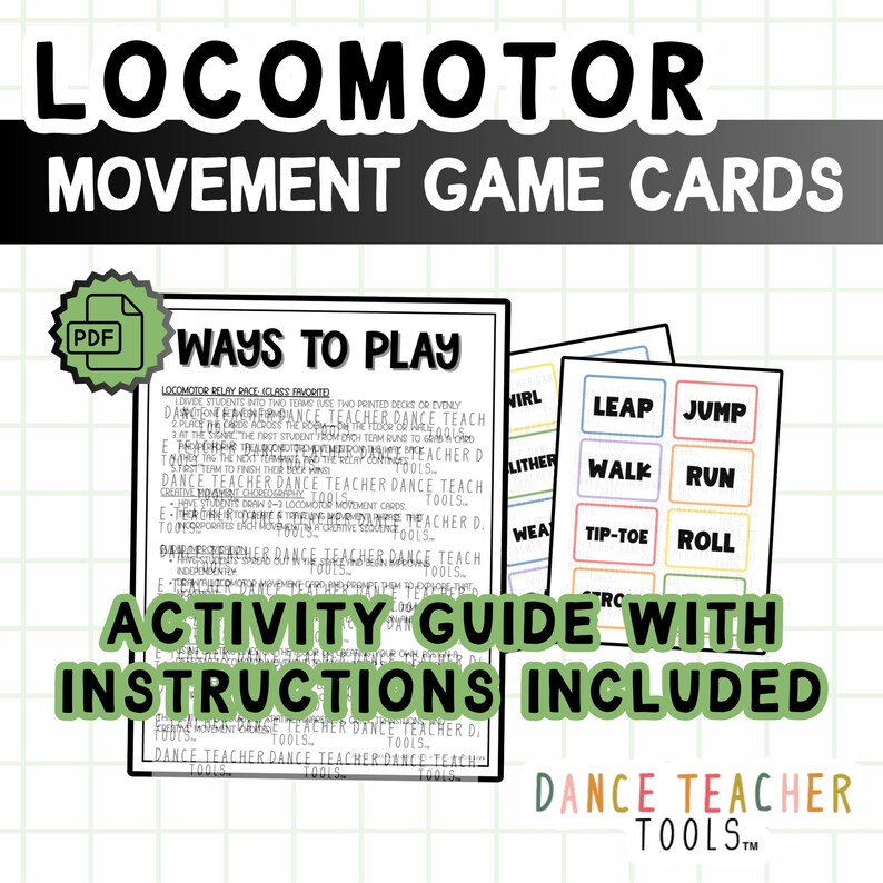 Pode incluir: Cart&otilde;es de jogo de movimento locomotor com um guia de atividades e instru&ccedil;&otilde;es. Os cart&otilde;es apresentam comandos de movimento como "Saltar", "Saltar", "Caminhar" e "Correr". Projetado para professores de dan&ccedil;a, o produto inclui um download em PDF.