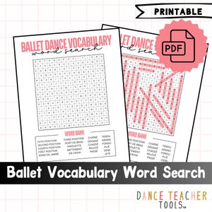 Könnte beinhalten: Zwei druckbare Ballett-Vokabel-Suchrätsel. Jedes Rätsel enthält eine Wortliste und ein Buchstabenraster. Der Text enthält "Ballet Dance Vocabulary" und "Printable" mit einem PDF-Symbol. Der Text unten lautet "Ballet Vocabulary Word Search".