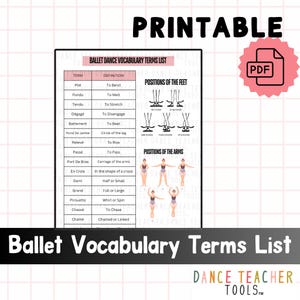 Könnte beinhalten: Eine druckbare Ballettvokabelliste mit Definitionen und Diagrammen der Fuß- und Armpositionen. Das Dokument enthält Begriffe wie Plié, Fondu und Tendu. Das PDF-Symbol befindet sich oben rechts. Der Text "PRINTABLE" steht oben.