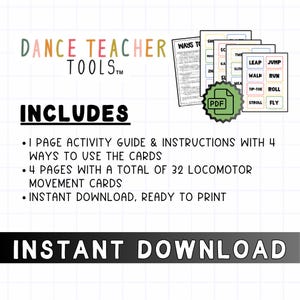 Pode incluir: Download digital "Dance Teacher Tools" com instru&ccedil;&otilde;es e cart&otilde;es de movimento. A imagem inclui um &iacute;cone PDF e o texto "Download instant&acirc;neo".