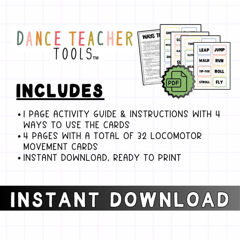 Pode incluir: Download digital "Dance Teacher Tools" com instru&ccedil;&otilde;es e cart&otilde;es de movimento. A imagem inclui um &iacute;cone PDF e o texto "Download instant&acirc;neo".