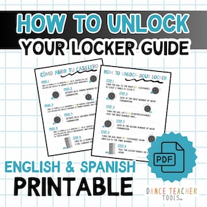 Può includere: Una guida stampabile in inglese e spagnolo con istruzioni su come aprire un armadietto. La guida presenta istruzioni passo passo e diagrammi. Il titolo recita "How to Unlock Your Locker Guide".