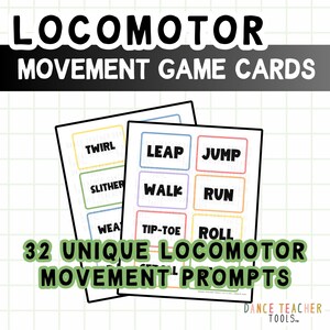 Pode incluir: Duas cartas de jogo com o texto "LOCOMOTOR MOVEMENT GAME CARDS". As cartas t&ecirc;m caixas coloridas com indica&ccedil;&otilde;es de movimento como "Twirl", "Leap", "Jump", "Walk", "Run" e "Roll". O texto "32 UNIQUE LOCOMOTOR MOVEMENT PROMPTS" tamb&eacute;m &eacute; vis&iacute;vel.