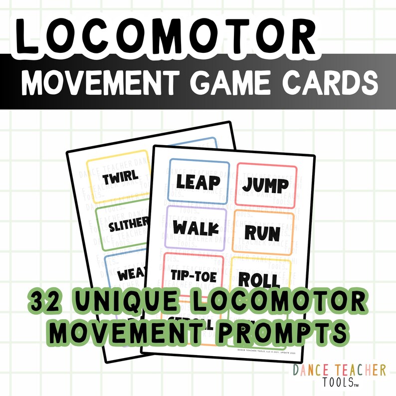 Pode incluir: Duas cartas de jogo com o texto "LOCOMOTOR MOVEMENT GAME CARDS". As cartas t&ecirc;m caixas coloridas com indica&ccedil;&otilde;es de movimento como "Twirl", "Leap", "Jump", "Walk", "Run" e "Roll". O texto "32 UNIQUE LOCOMOTOR MOVEMENT PROMPTS" tamb&eacute;m &eacute; vis&iacute;vel.