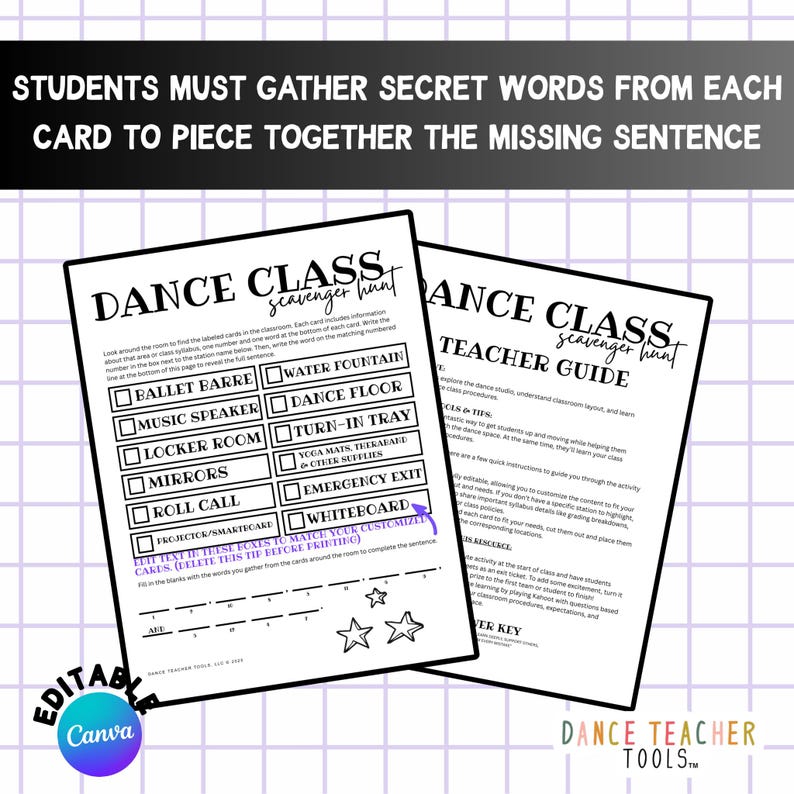 May include: Two black and white printable pages for a dance class scavenger hunt. The first page lists locations like "Ballet Barre" and "Water Fountain." The second page is a teacher's guide.