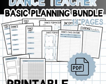 May include: A collection of printable dance teacher planning pages. The pages include a dance unit, dance formation, income, expense tracker, dance class outline, choreography, and attendance sheets. The text on the image says "Dance Teacher Basic Planning Bundle".