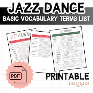 Könnte beinhalten: Ein druckbares PDF-Dokument mit einem rosa PDF-Symbol, das eine Jazz-Tanz-Vokabel-Liste enthält. Die Liste enthält Begriffe wie "Pivot Turn" und "Ball Change". Der Titel "JAZZ DANCE" steht oben.