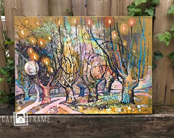 Jardin fantastique, Forêt, Peinture faite main, Peinture à l'huile originale sur toile, Peinture d'intérieur, Oeuvre d'art originale, Cadeau original, Art mural