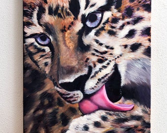 Pintura de retrato de leopardo, arte de grandes felinos, pintura al óleo original sobre lienzo, pintura de interiores, obras de arte originales, regalo original, arte de pared