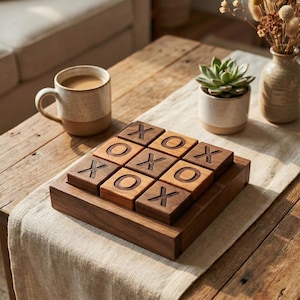 Handmade Wooden Tic Tac Toe Game | Solid Walnut and Cherry | Rustic Coffee Table Decor | Tabletop Board Game with Reversible X and O Blocks