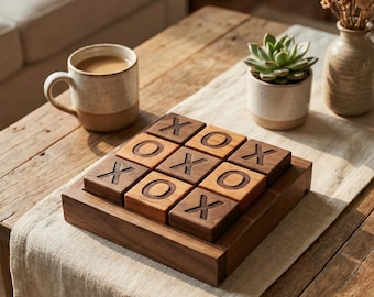 Gioco del tris in legno fatto a mano / Noce massello e ciliegio / Decorazione rustica per tavolino da caffè / Gioco da tavolo con blocchi X e O reversibili
