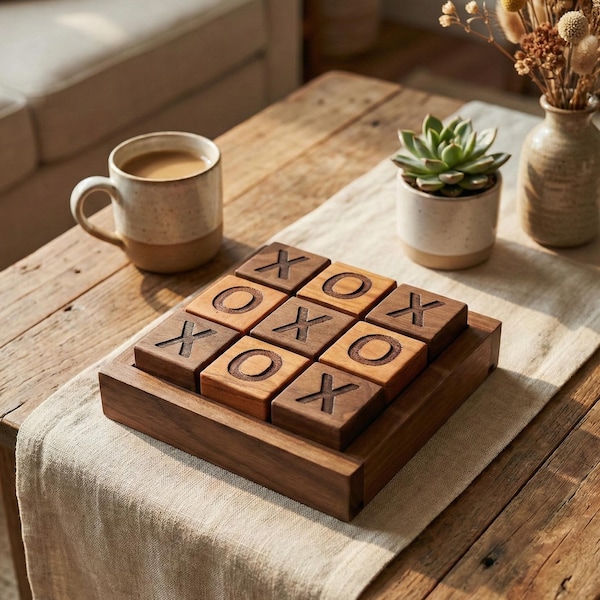 Handgefertigtes Tic Tac Toe Spiel aus Holz | Nussbaum und Kirschbaum | Rustikale Kaffeetischdekoration | Tabletop Brettspiel mit Reversiblen X und O Blöcken