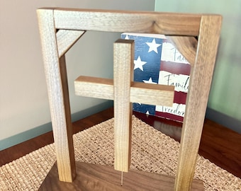 Floating Wooden Cross, Walnut Tensegrity Cross, Suspended Wood Cross Decor, Christian Gifts, Religious Tabletop Art, Handmade Wood Cross