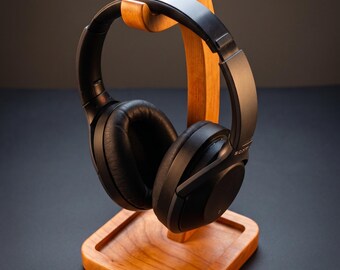Solid Wood Headphone Stand with Catchall Tray, Walnut Cherry Desk Organizer, Gaming Headset Holder, AirPod Tray, Office Gift