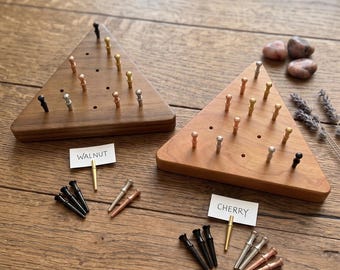 Handmade Wooden Triangle Peg Game with Metal Pegs | Solid Walnut or Cherry Desk Toy & Coffee Table Brain Teaser | Classic IQ Jump Game