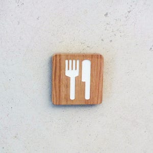 Dining room sign, engraved wooden doorsign, restaurant signage, fork and knife pictograms, wooden wallsign, solid oak door plate icon