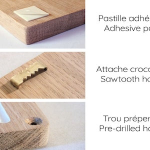May include: Close-up of three different ways to hang a picture frame. The first shows an adhesive pad, the second shows a sawtooth hook, and the third shows pre-drilled holes.