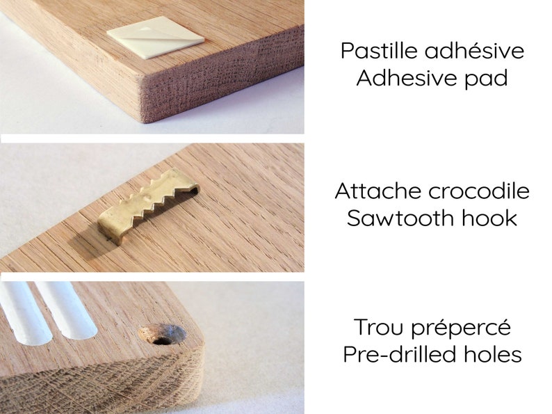 May include: Close-up of three different ways to hang a picture frame. The first shows an adhesive pad, the second shows a sawtooth hook, and the third shows pre-drilled holes.