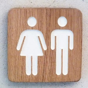 Wooden Restroom door plate with engraved male and female symbol, unisex bathroom sign, gender neutral bathroom sign, men women bathroom sign