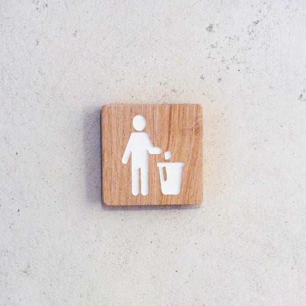 Wooden trash bin sign with engraved pictogram, wood garbage sign, professionnal signage, wood icone sign for business company office decor