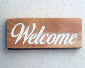 Wooden front door sign with engraved WELCOME / Wood porch sign / welcome wall hanging / Cursive welcome / New home and housewarming gift