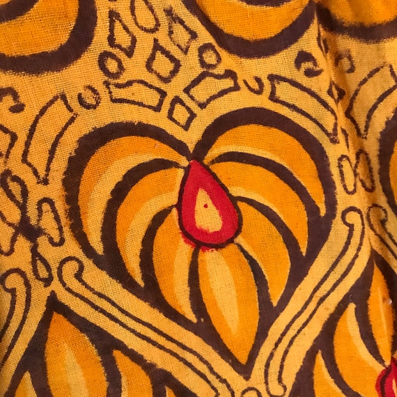 Mid 1970s Boho Chic Caftan, One-of-a-Kind, Hippie, Heart, Bold Graphic Print Indian Fabric, in Saffron Yellow, Orange, Persimmon, & Eggplant