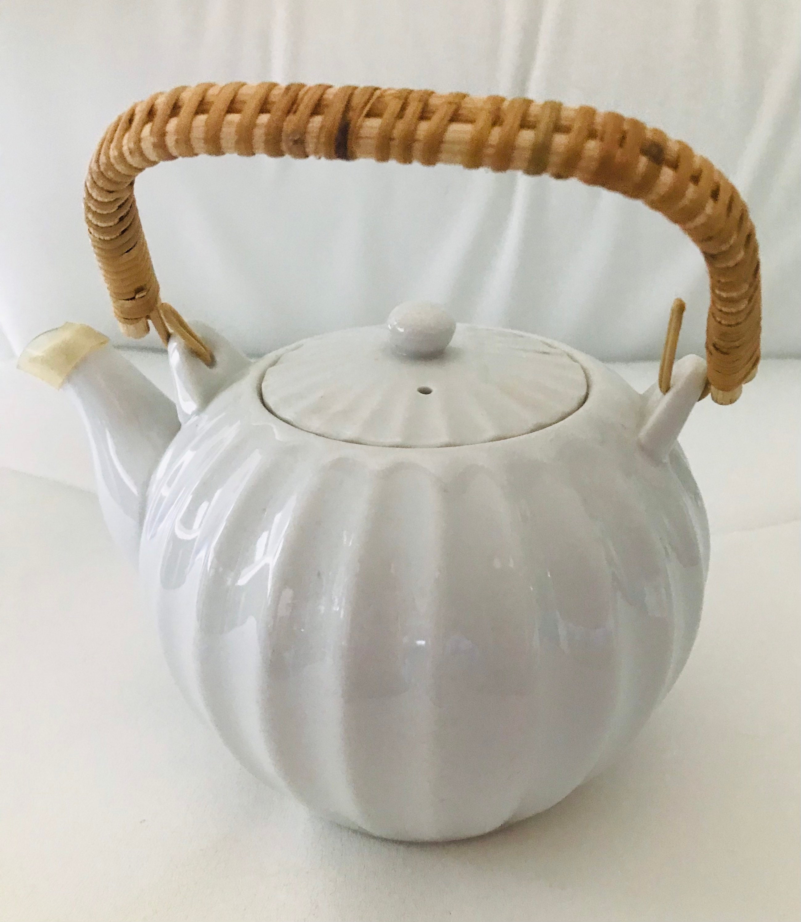 Vintage White Ceramic ribbed tea pot with bamboo handle Etsy