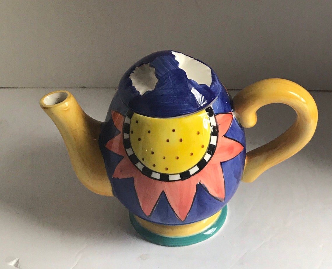 Art Deco colorful abstract design Ceramic Teapot with blue and Etsy