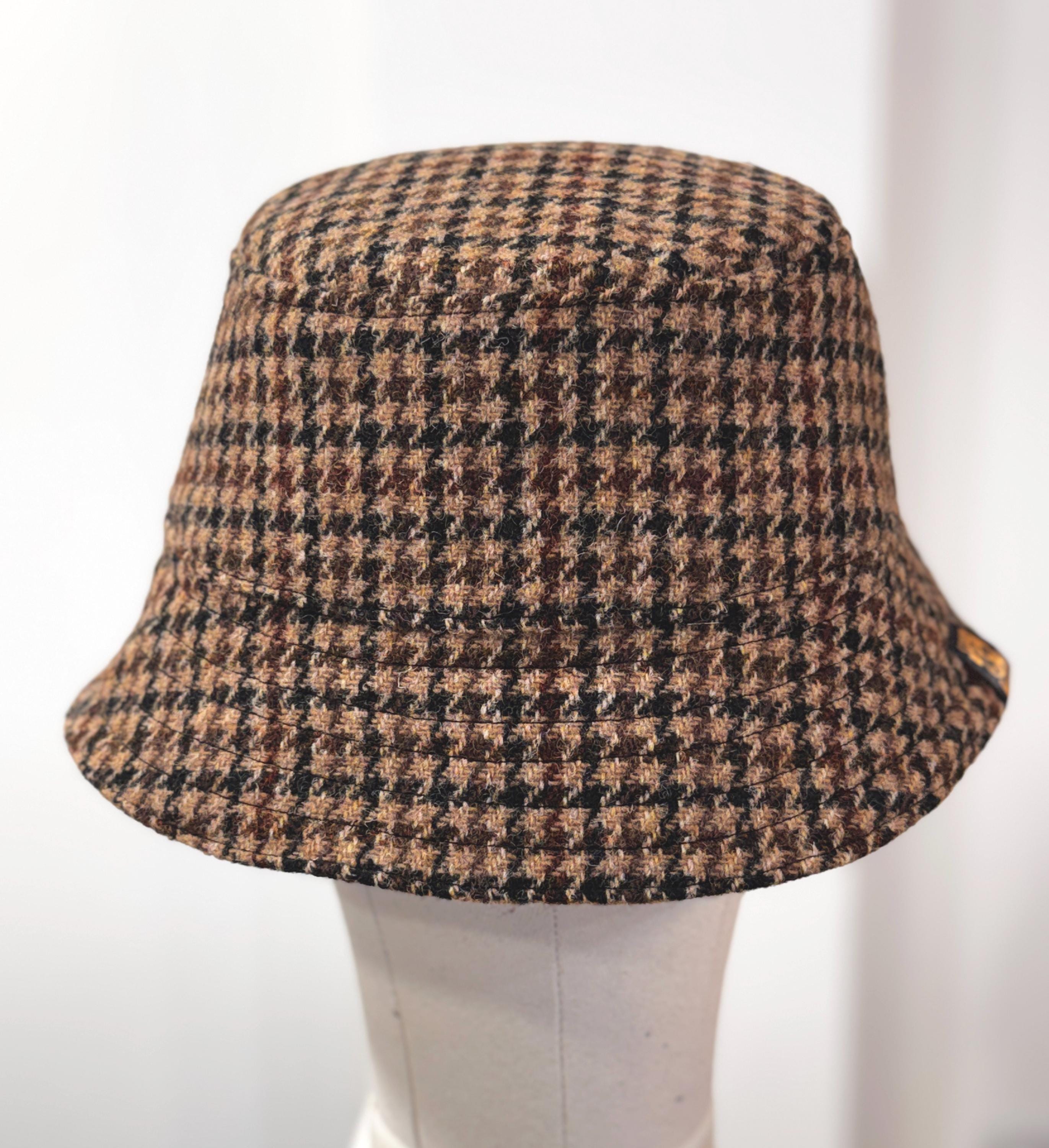 Houndstooth Harris Tweed Bucket Hat, Dogtooth Wool Hat, Handmade
