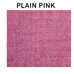 May include: Three fabric swatches in different colors: plain green, plain pink, and plain yellow.