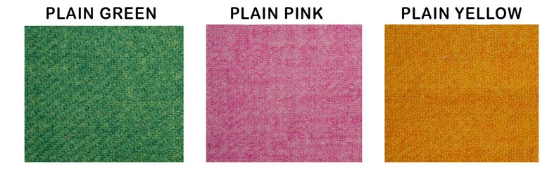 May include: Three fabric swatches in different colors: plain green, plain pink, and plain yellow.