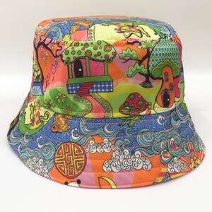 Psychedelic Bucket Hat, Trippy Art Print, Festival Bucket Hat, Oriental Sun Hat, Maneki-neko Cat. image 6