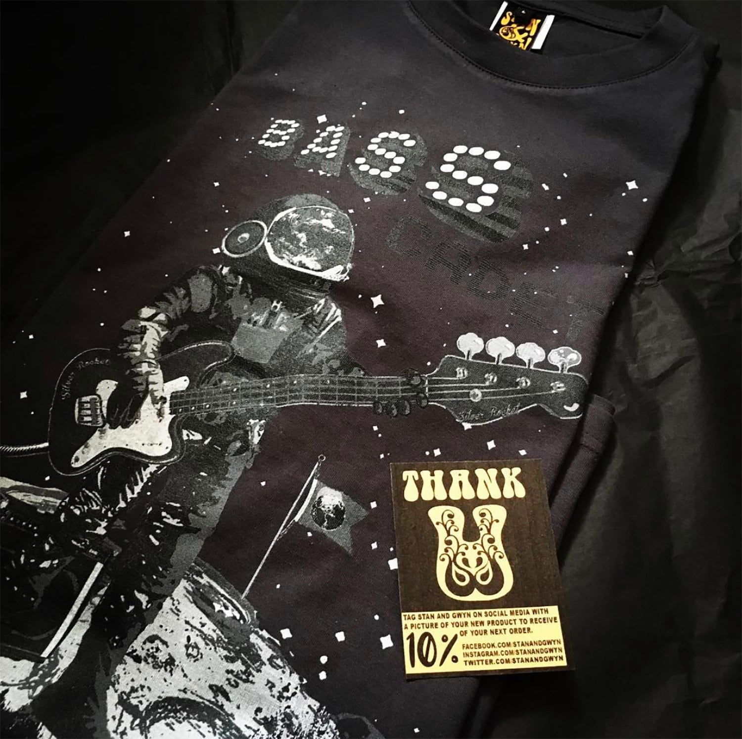 Image of Spaceman T-Shirt, Bass Player Tee, Cartoon Astronaut Graphic Tee