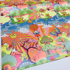 May include: Colorful wrapping paper with a psychedelic design featuring mushrooms, flowers, and animals. The paper has a bright orange background with pink, green, yellow, and blue accents.