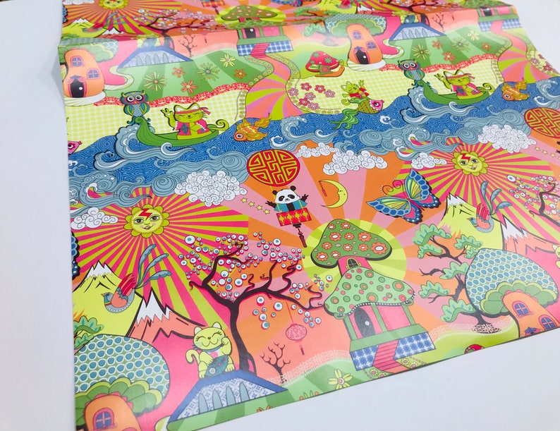 May include: Colorful wrapping paper with a psychedelic design featuring mushrooms, flowers, and animals. The paper has a bright orange background with pink, green, yellow, and blue accents.