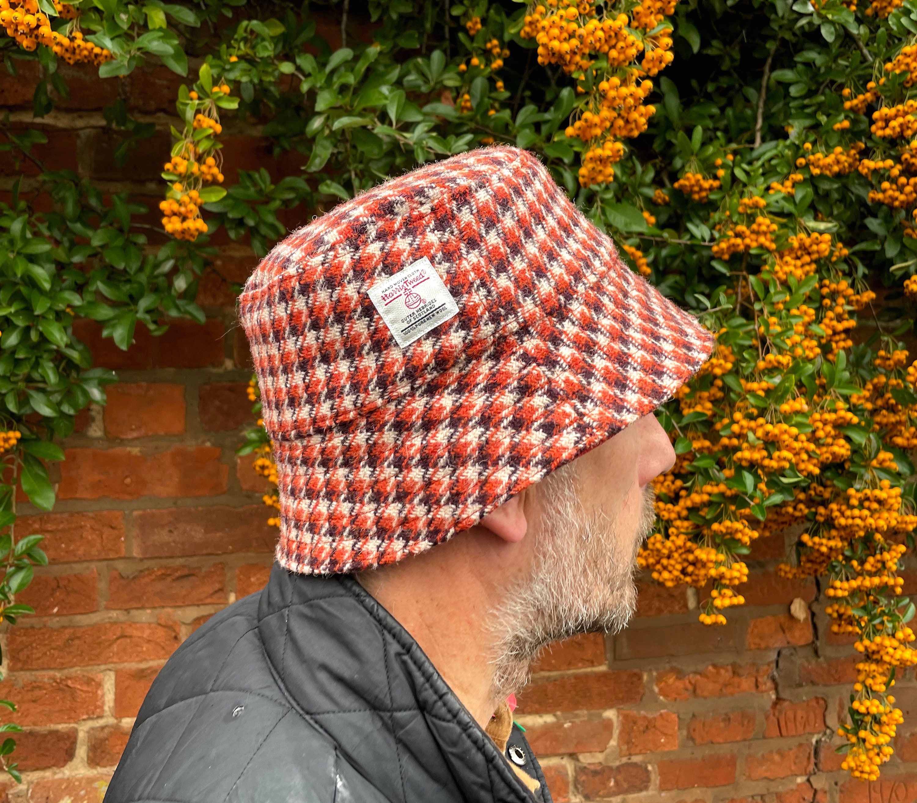 Scottish Tweed Hat, Winter Bucket Hat, Orange Wool Hat, Check Hat