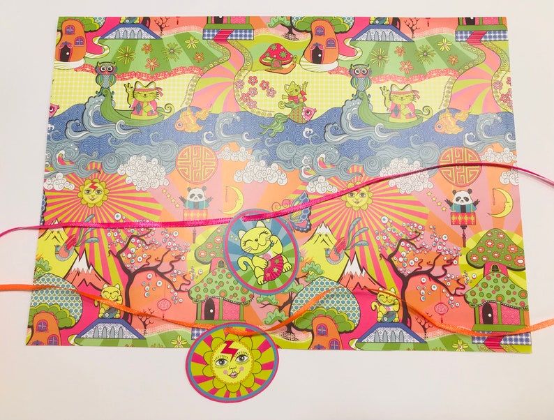 May include: A colorful wrapping paper with a whimsical design featuring cats, mushrooms, and flowers. The paper has a pink, orange, and green color scheme and is perfect for wrapping gifts.