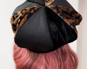 Leopard Print Bakerboy Hat, Faux Fur, Animal Print Cap 